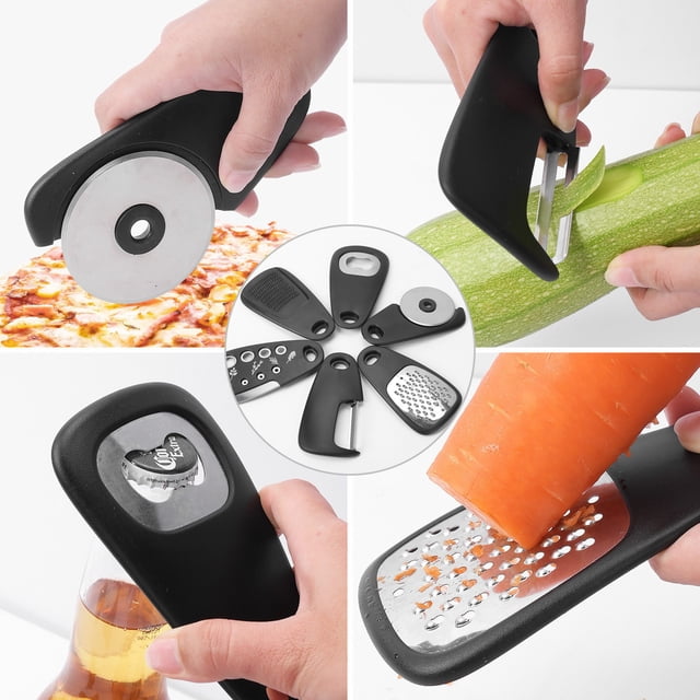 Stackable Kitchen Gadgets 6 Piece Melon Grater Herb Cutter Garlic Grater Can Opener Cheese Grater Pizza Cutter