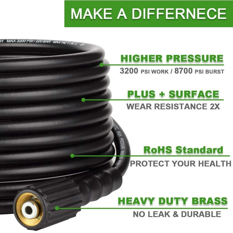 Super Flexible Pressure Washer Hose 100 ft x 1/4, No Kink Heavy Duty Power Washer Extension Replacement Hose -Light weight,Leakproof Pressure Power