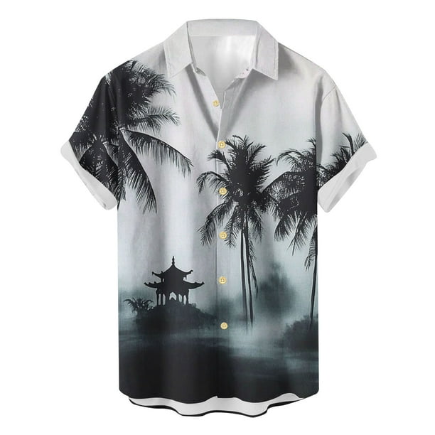 Camisetas de Lino para Hombres Vintage Bowling Manga Corta Cuello Cubano, Retro Playa Y Verano Hombre Manga Corta Botón Abajo Camisetas