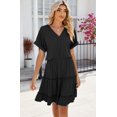 thumbnail image 2 of Womens Summer Dresses Casual Smocked V Neck Flutter Sleeve Cute T Shirt Sundress Solide Color Midi Beach Vacation Dresses (Black,Medium), 2 of 6