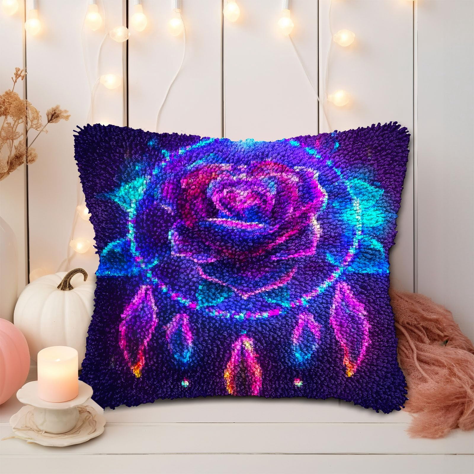 Luminescence Rose DIY Latch Hook Pillow Kits for Adults Printed Pillowcase Crochet Yarns Hooking Handmade Pillow Cover Cushion for Home Sofa Decoration 17x17inch(2)