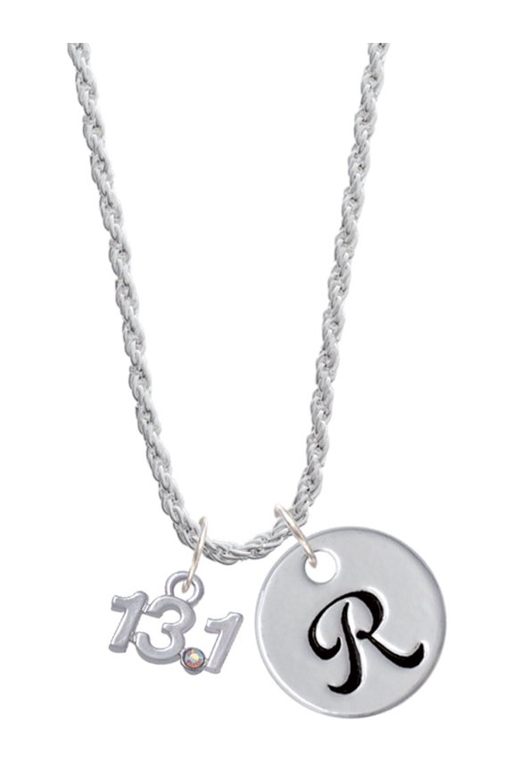 Silvertone Half Marathon - 13.1 with Clear AB Crystal Silvertone Script Initial Disc - R - Charm Necklace, 20"+3"