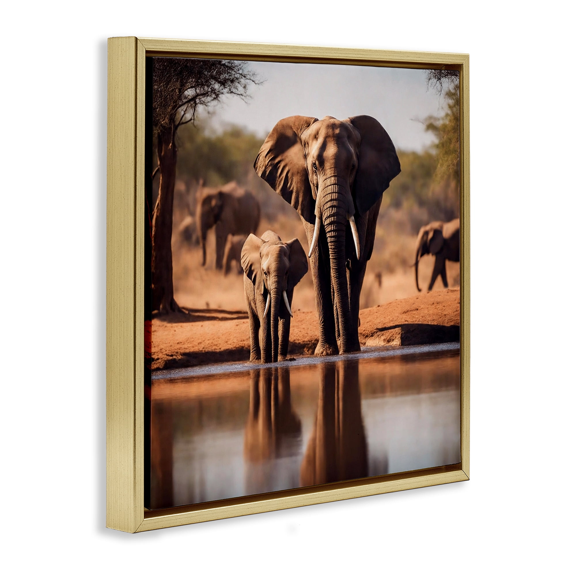 Stupell Industries Elephant & Calf at Waterhole Animals Photography Gold Floater Framed Canvas Art Print Wall Art, 25 x 25