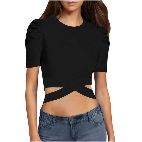 Womens Crop Tops Cute Summer Scoop Neck Basic Tees Slim Fit Trendy Short Sleeve T Shirts for Teen Girls