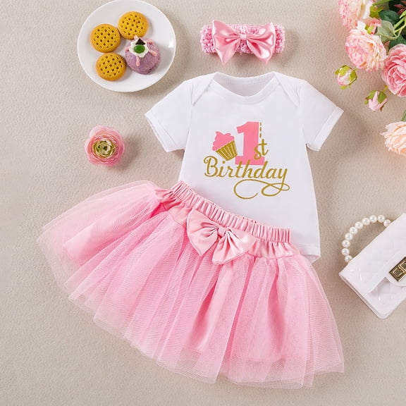 Wuxian Girls Casual Outfits Baby Girl'S 1St Birthday Outfit Letter Print Short Sleeve Crewneck Romper With Fashionable Tutu Skirt Hair Bow 3 Piece Set Party Wedding Clothes Outfits,Pink,12-18 Months
