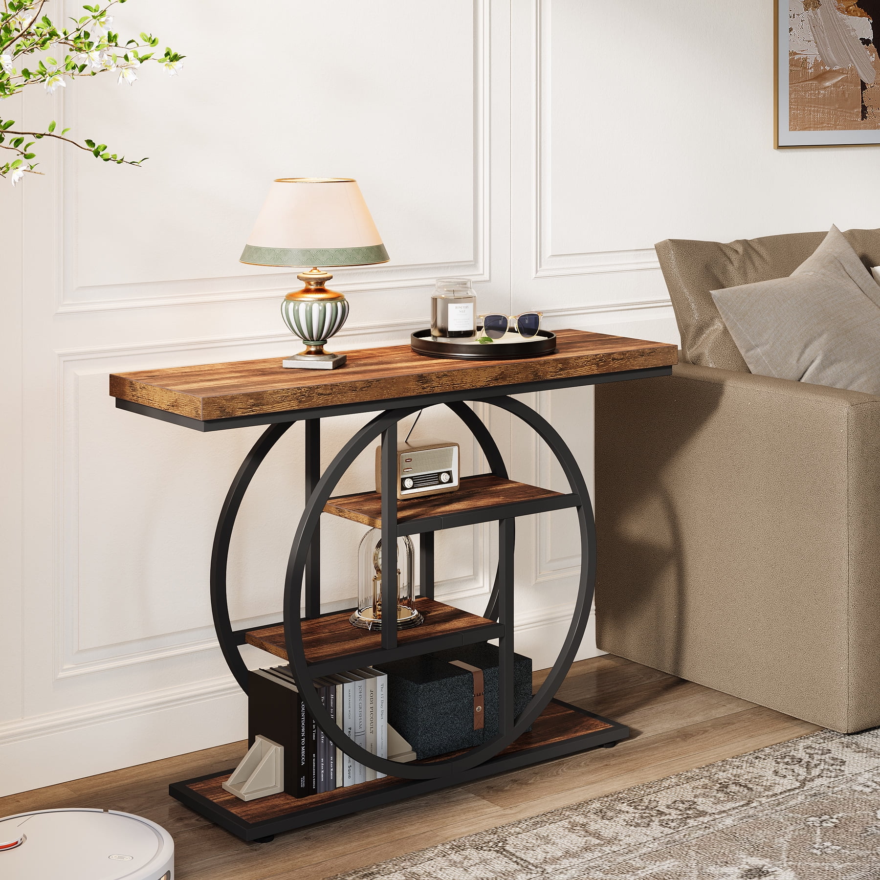 Fnova Console Table, Entryway Table with 4-Tier Storage Shelves, 42" Wood Modern Narrow Long Side Table, , Sofa Table, Accent Table for Living Room, Entryway, Hallway, Dark Brown and Black