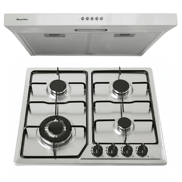 Combo Parilla de Gas con Campana Extractora | Parrilla Empotrable con 4 Quemadores + Campana de Pared 3 velocidades | Estufa de Gas con Campana para cocina - Filtro Lavable - Acero Inoxidable