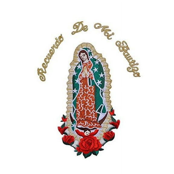 Christening Virgin Mary My Lady of Guadalupe Baptism Embroidered Iron On patch (Gold Spanish Word 7"x4")