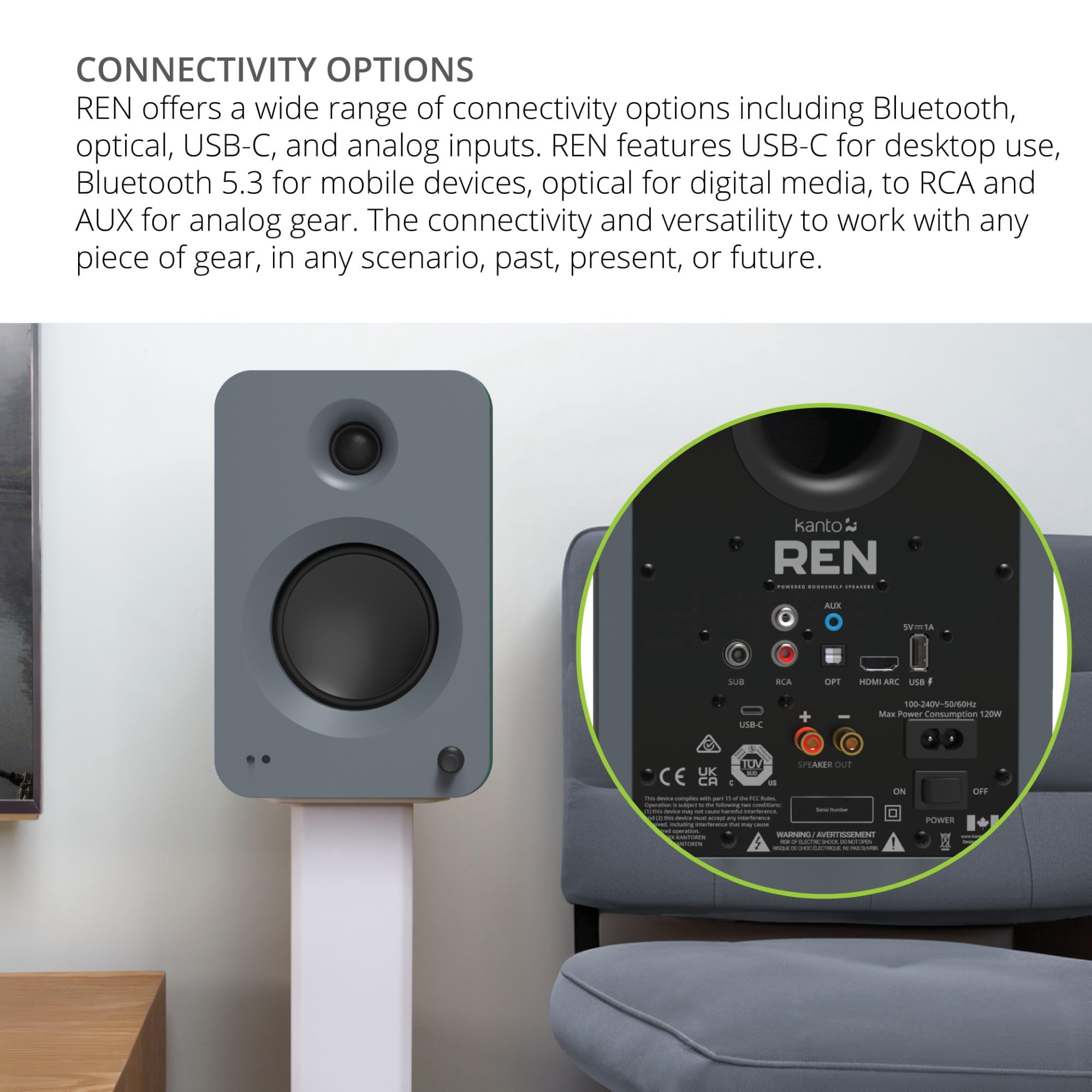 Kanto REN GREY Bluetooth Powered Bookshelf Speakers - Matte Grey Pair with a Kanto SUB8VMB Sealed Powered 8" Subwoofer - Vinyl Black (2024)