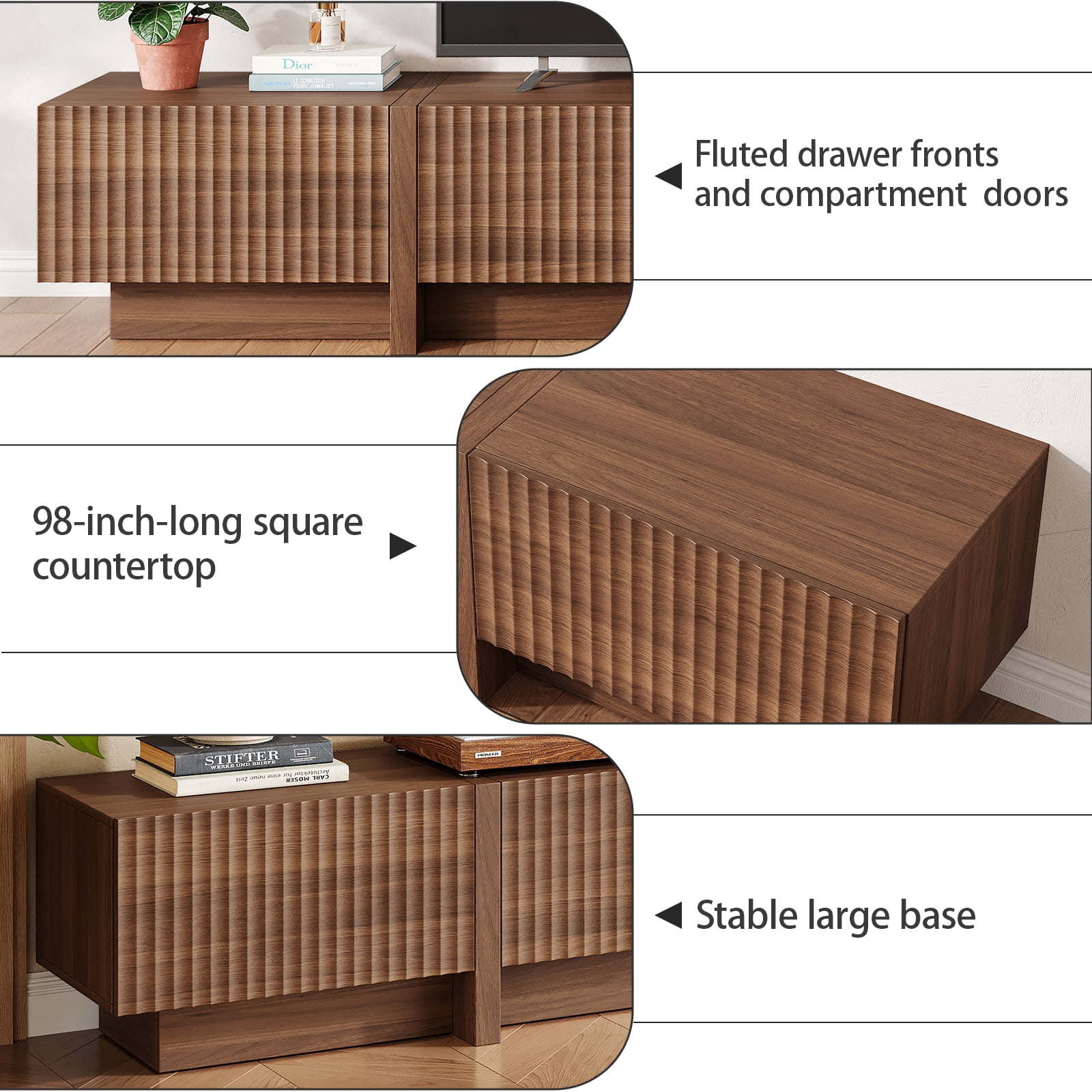 98" Walnut Modern TV Stand, Large Entertainment Center with Drawers & Storage Compartments, Fits 55"-95" TVs for Living Room