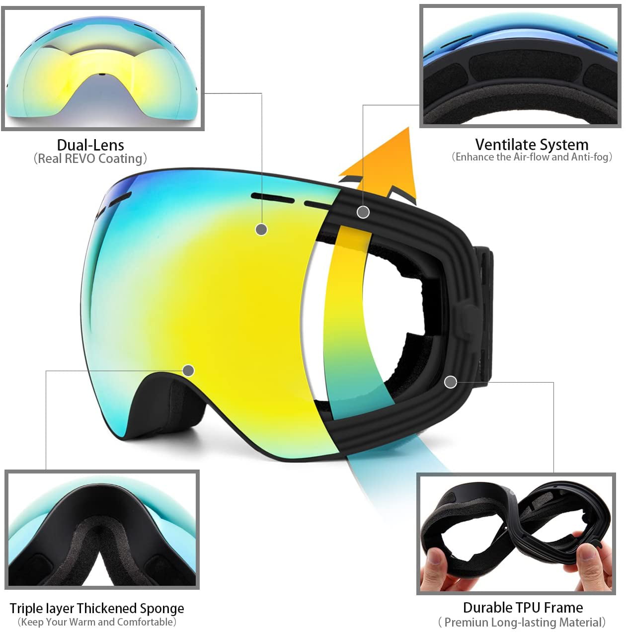 Juli Ski Goggles,Winter Snow Sports Snowboard Goggles with Anti-Fog Lens BNC 