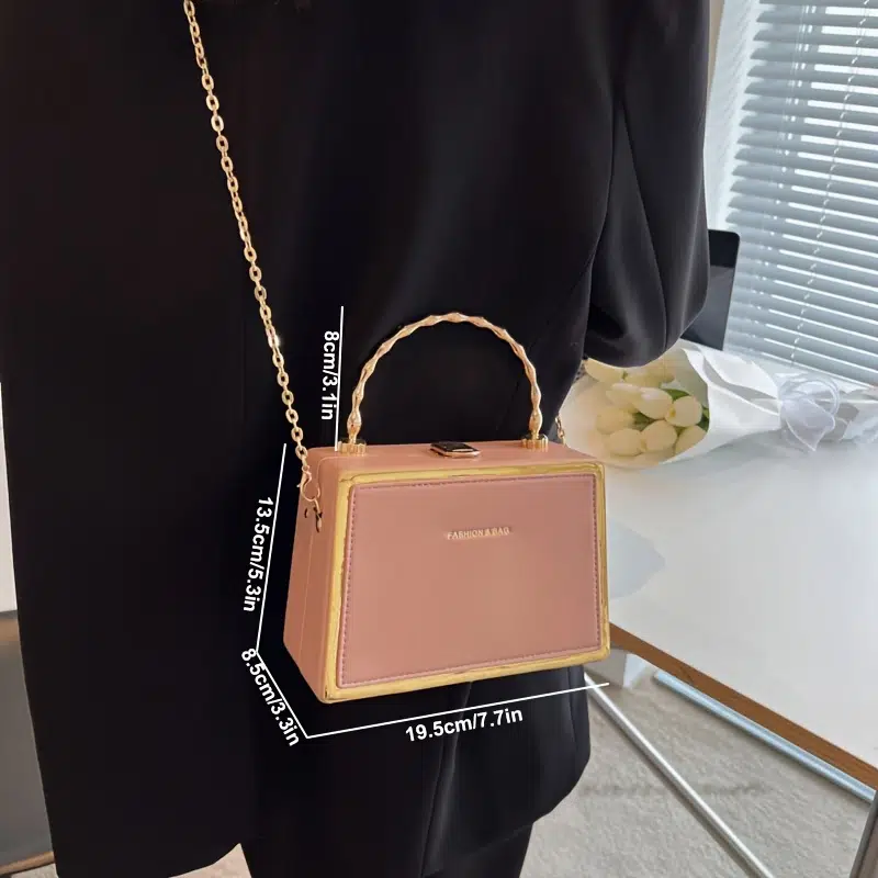 Letter Pattern Hand Square Box Bag, Buckle Decor Shoulder Bag With Chain,  Satchel Purse For Women