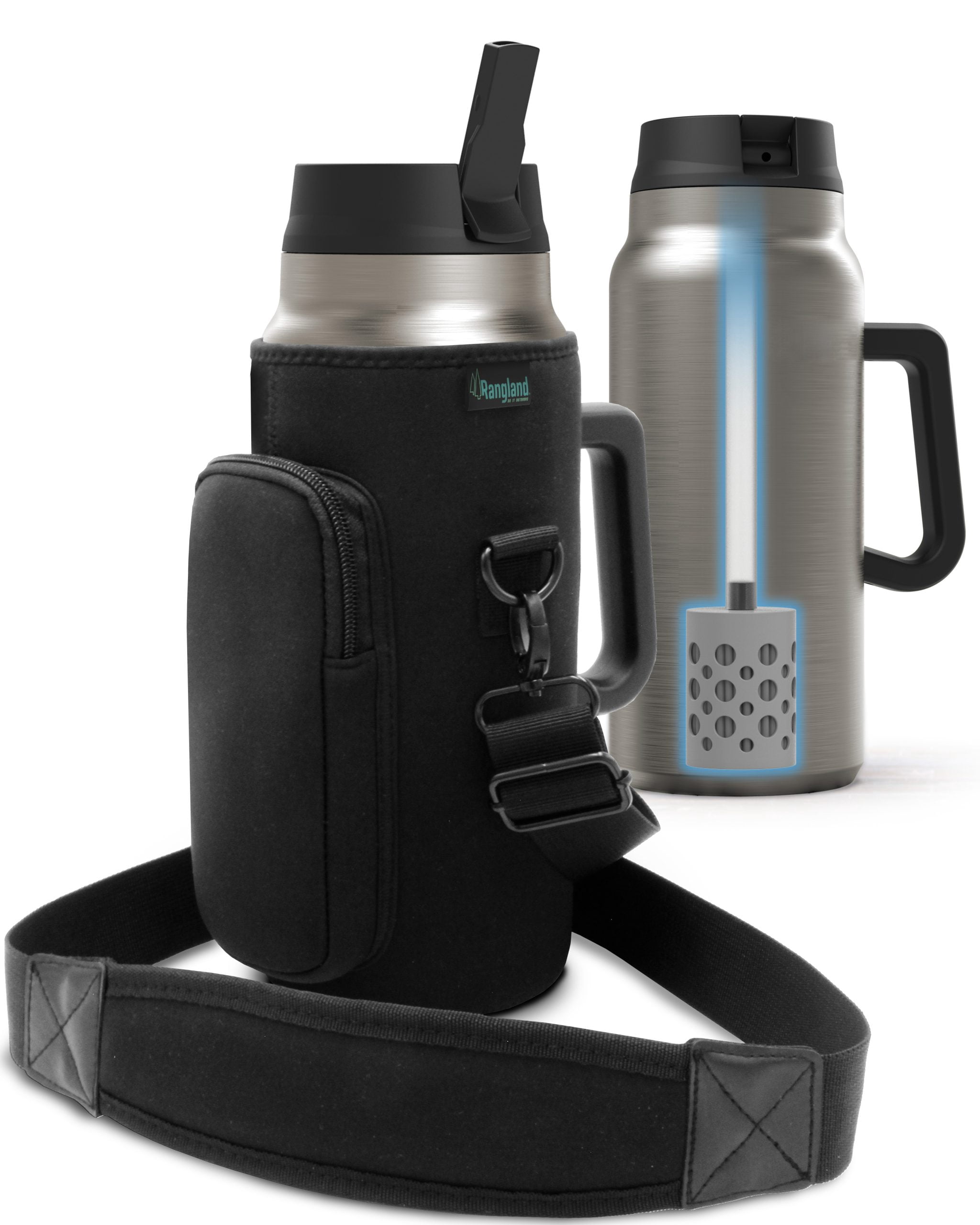 64 oz Water Bottle with Filter Straw Lid and Handle, Insulated Filtered Half Gallon Tumbler for Hot/Iced Drinks (Neoprene Carrying Strap Bag Included)