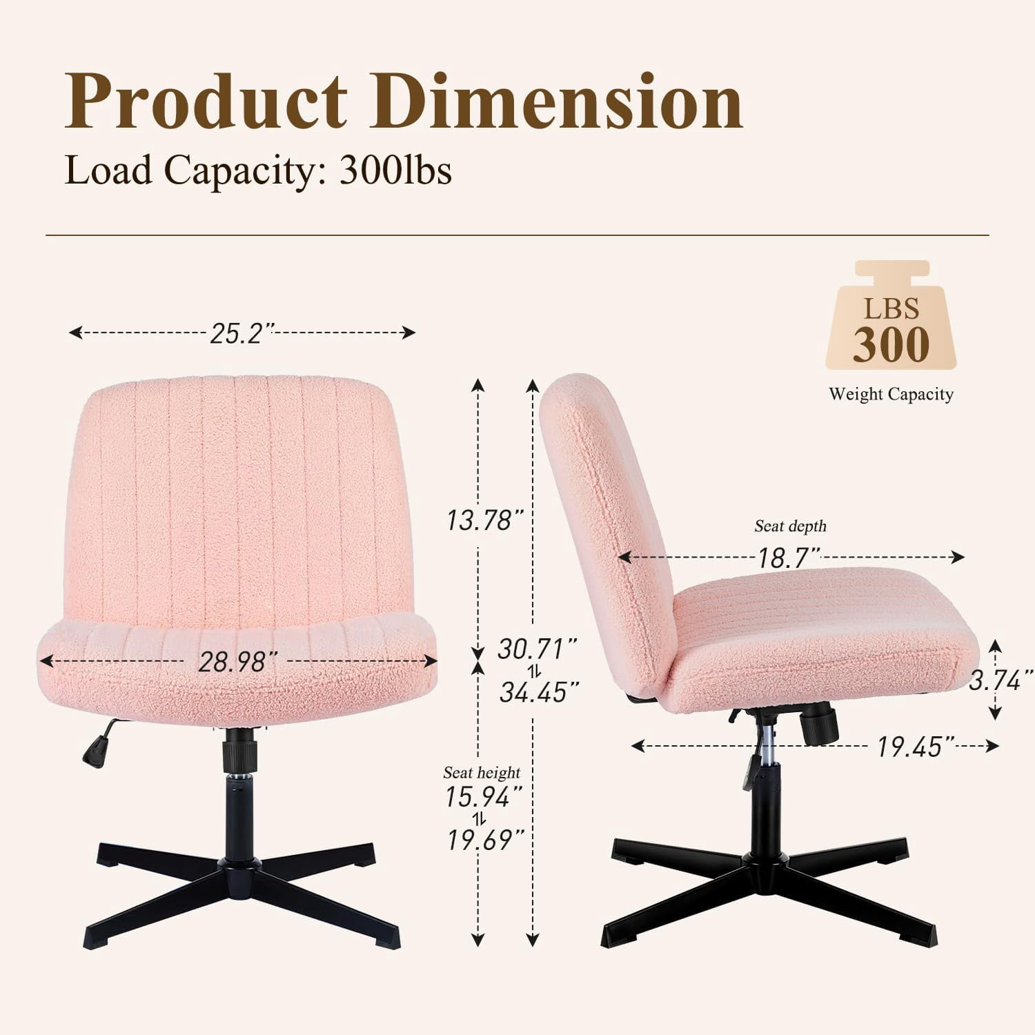 QUIOCOZY Wide Criss Cross Leg Chair, Swivel Office Desk Chair, Adjustable Faux Fur Computer Task Chair, Comfy Armless Vanity Makeup Chair without Wheels for Home & Office