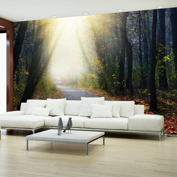 Tiptophomedecor Peel and Stick Forest Wallpaper Wall Mural - Road Through The Forest - Removable Wall Decals