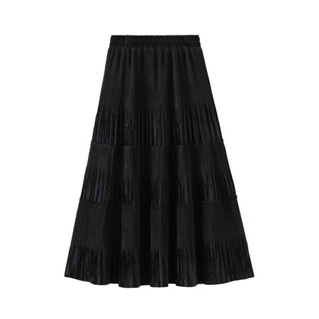 Fortune Women Pleated Skirt Elastic Waist Solid Color Big Hem Skirt ...