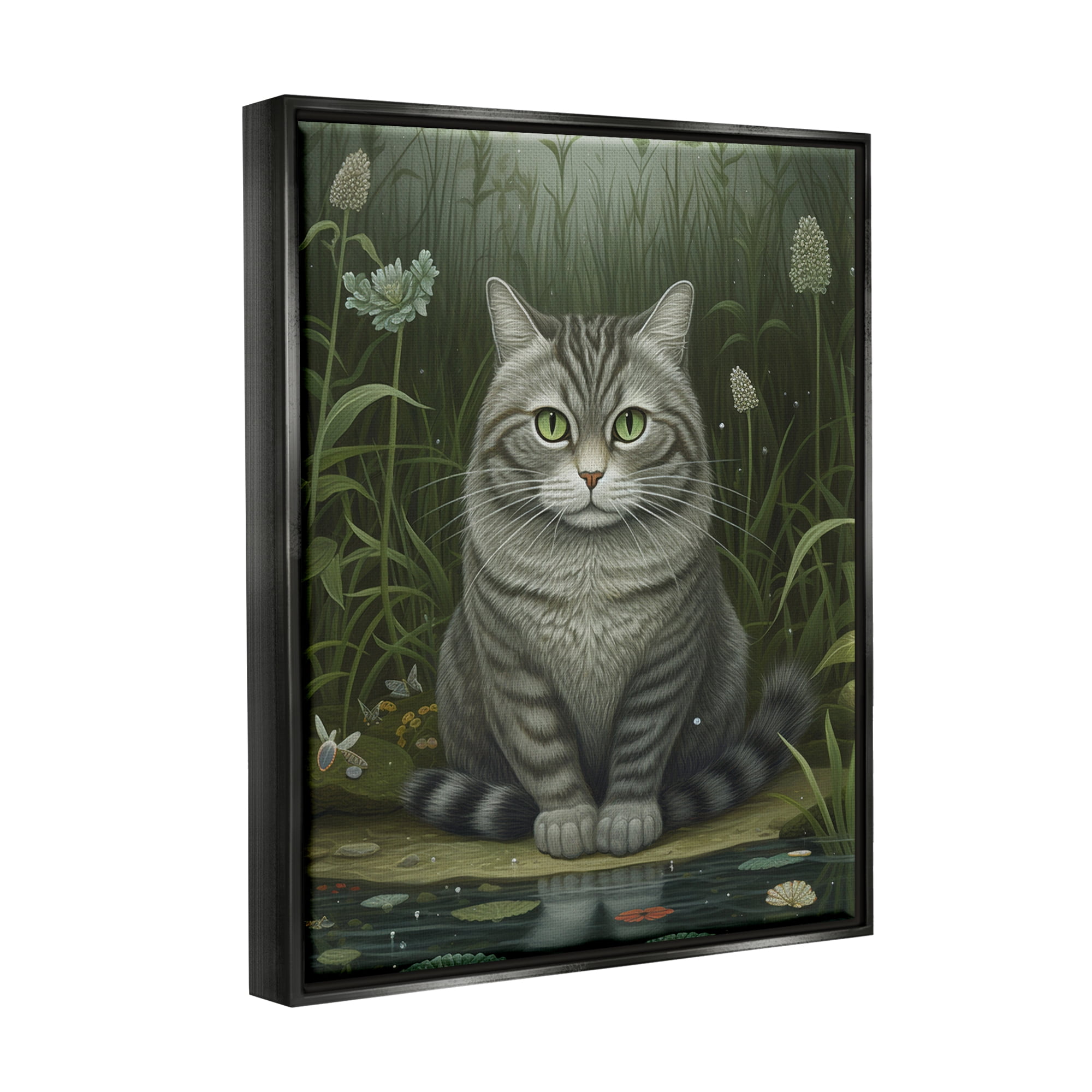 Stupell Industries Cat & Pond Lilies Animals & Insects Painting Black Floater Framed Art Print Wall Art, 17 x 21