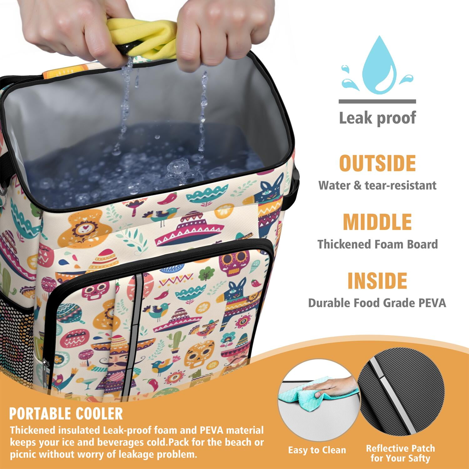 Travel Cooler Bag - Colorful Mexican Elements Camping Beer Cooler Backpack with Bottle Opener- Waterproof Insulated Picnic Backpacks - Cooler Bag for Beach