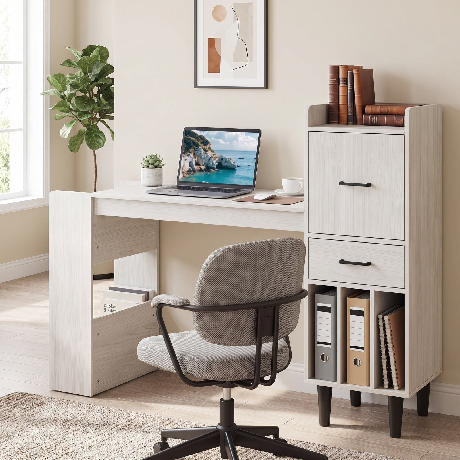 Furnibear 59 Inch Home Office Desk with Side Storage Shelves Drawer and Cabinets for Bedroom Study and Home Work, White Oak