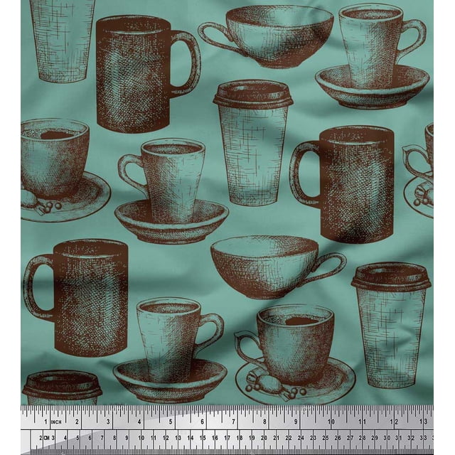 Soimoi polyester Crepe Fabric Tea & Coffee Cups Print Sewing Fabric Yard 52 Inch Wide