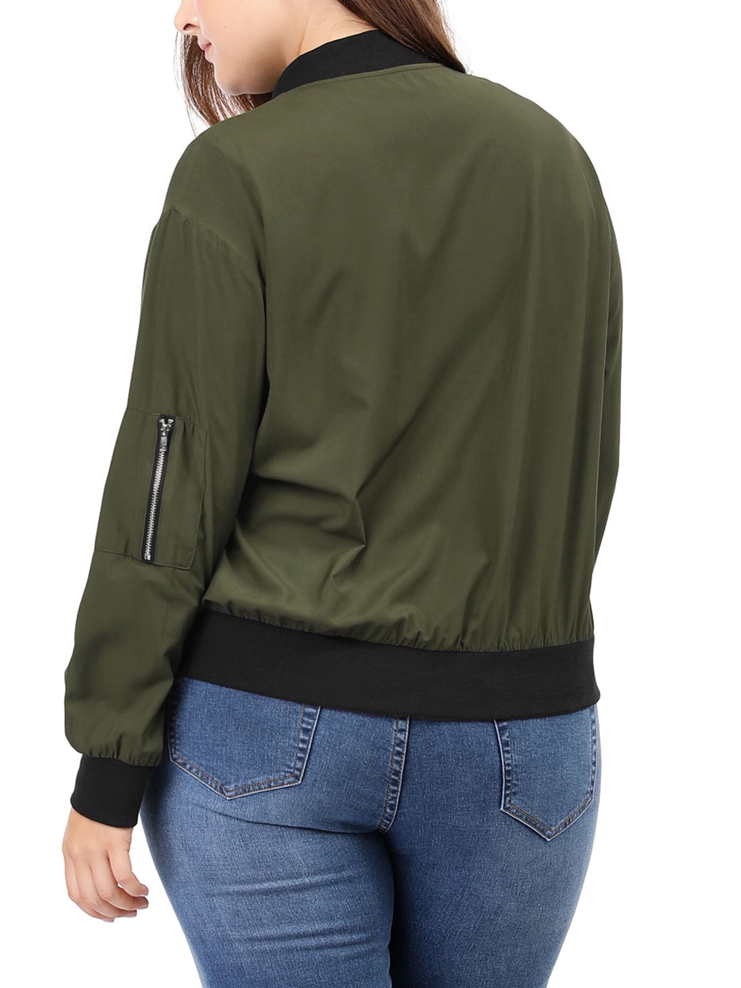 Unique Bargains Women's Plus Size Zipper Trim Outerwear Bomber Jacket