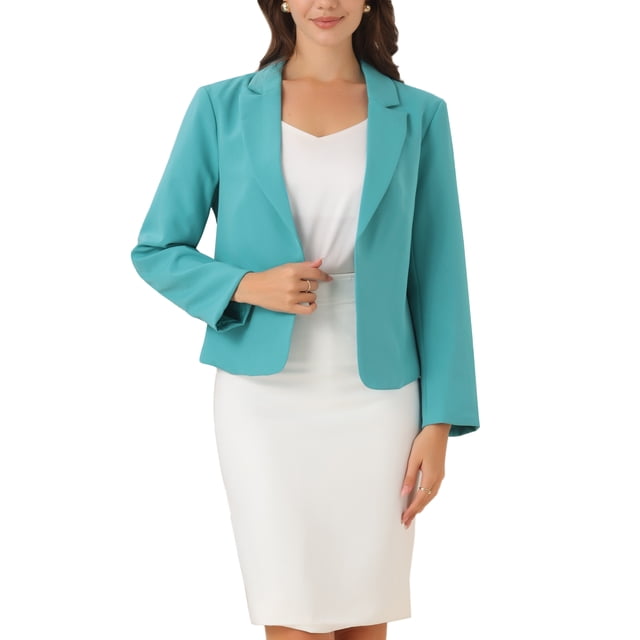 BLAZER CHIC para Mujeres, Abierto al Frente, Traje de Verano Corto para el Trabajo, Chaqueta Ligera Azul Lago Sólido XL