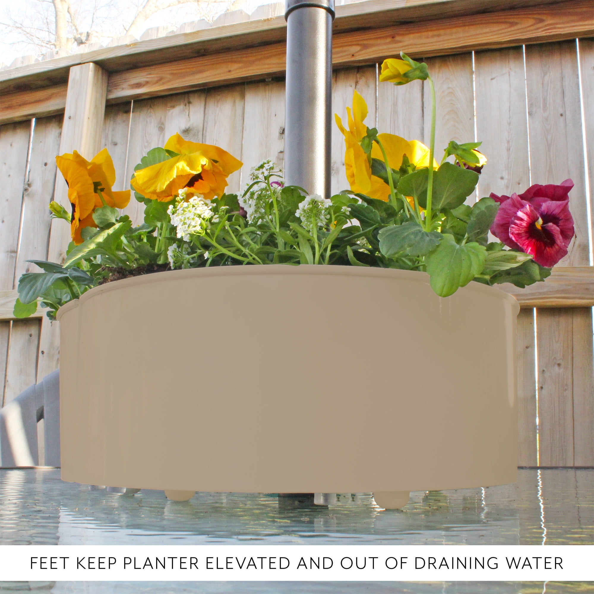 AuldHome Design Umbrella Planter for Patio Table (Beige / Greige), w/ Umbrella Hole, Enamelware Half-Circle Planter Pots