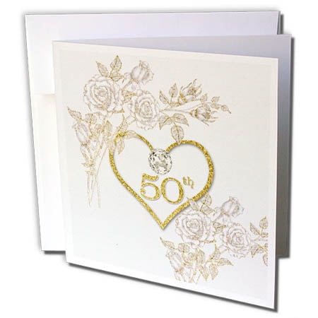 3dRose 50th Golden Wedding Anniversary in Faux Gold Glitter Heart on White - Greeting Cards, 6 by 6-inches, set of 12