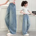 thumbnail image 2 of KVPLBQFD Girls Straight Leg Jeans Kids Y2K Star Applique Denim Pants Teens Casual Elastic Waist Jeggings Pants with Pockets, 2 of 7