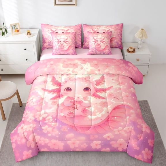 Feelyou Magic Pink Axolotl Twin Bedding Sets 7pcs, Cherry Blossoms Flower Comforter Set