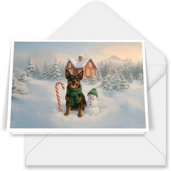 Hello Winter Vintage Miniature Pinscher Enjoys Snowy Day with Snowman 7x5in Folded Greeting Card Mini Pin Dog Lover Single Note Card with Envelope - 12019