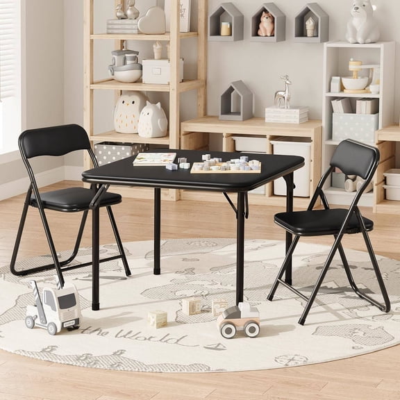 Folding Card Table and Chairs Set of 3, Portable Table with PU Soft Cushions, Foldable Chairs for Home, Indoor and Outdoor Use, Space-Saving Design
