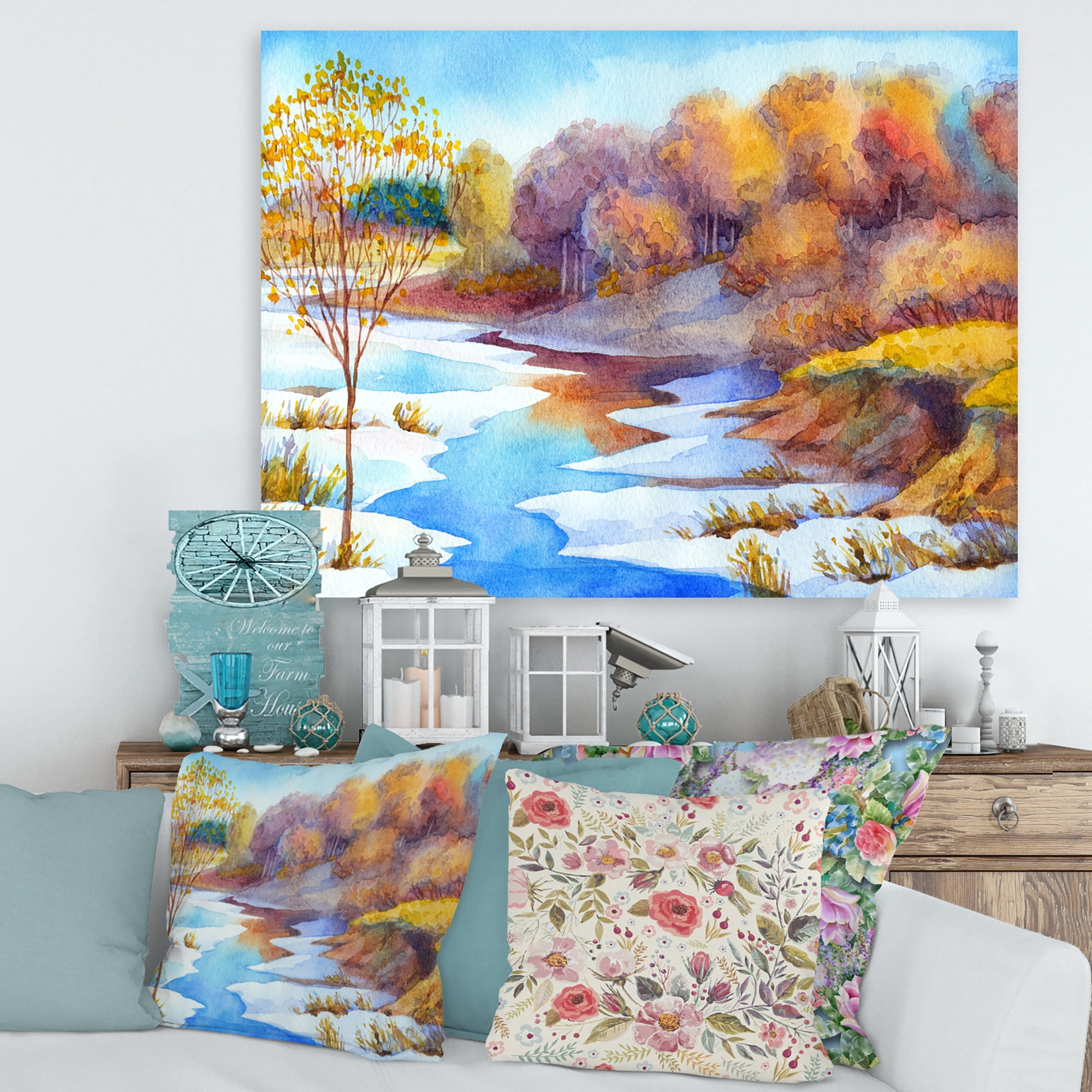Designart ' Stream Though The Winter Forest Valley ' Lake House Canvas Wall Art Print