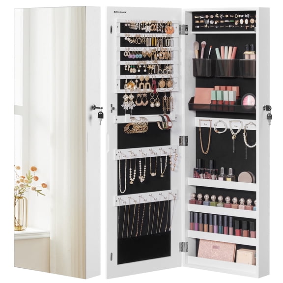 Wall-Mounted Jewelry Armoire with Lock, 2 Plastic Cosmetic Trays, Full-Length Mirror, White, Compact Organizer Unit