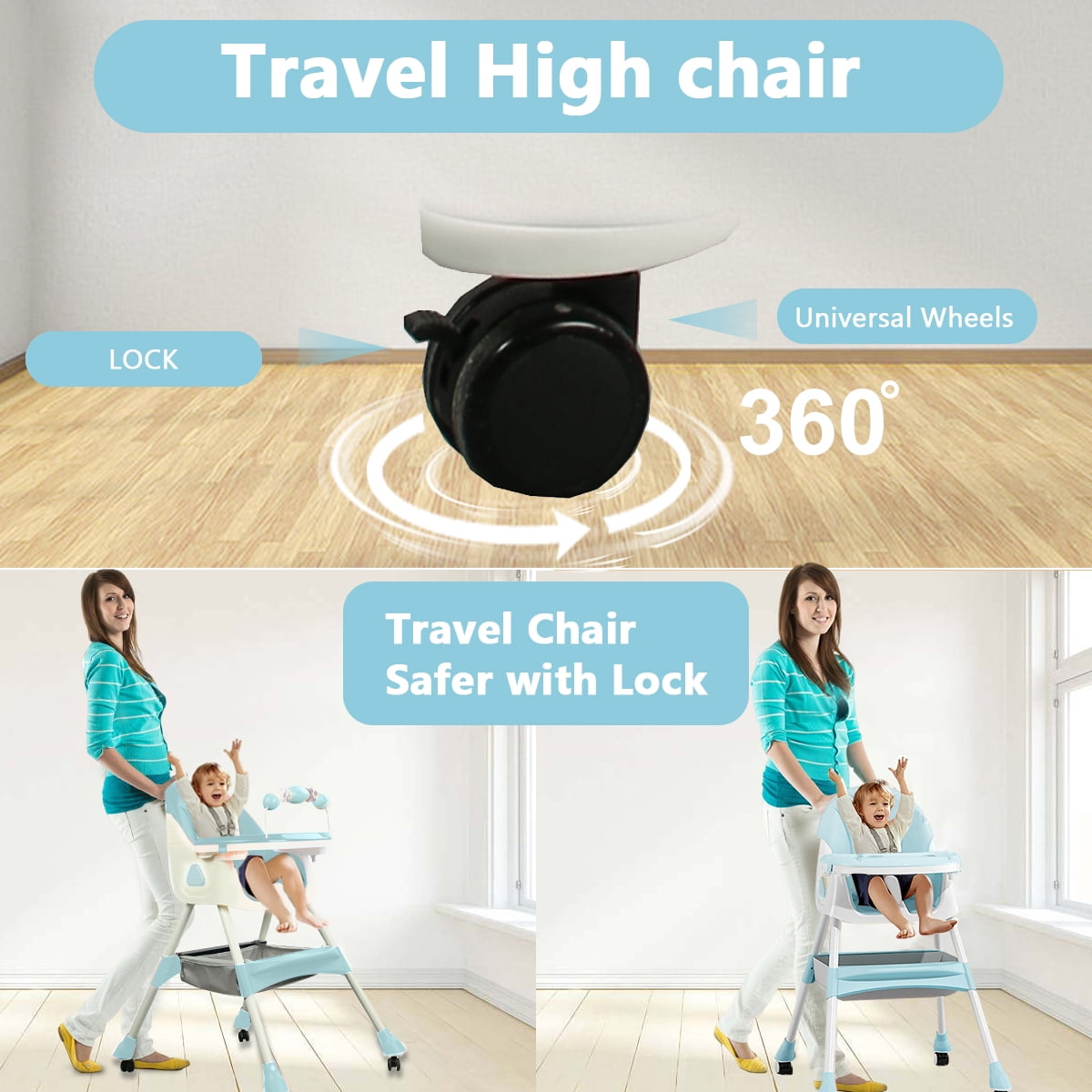Liyufly 4-in-1 Baby High Chair Portable Baby Toddler Dining Chairs Eat & Play Convertible High Chair with 5-Point Harness, Dinner Plate and Toy Rack, Dark Blue