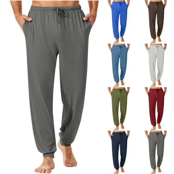 Xcmzpl Mens Cotton Joggers Sleep Pants Drawstring Elastic Waist Baggy Lounge Pants Solid Comzy Pjs Bottoms with Pocket Sleepwear