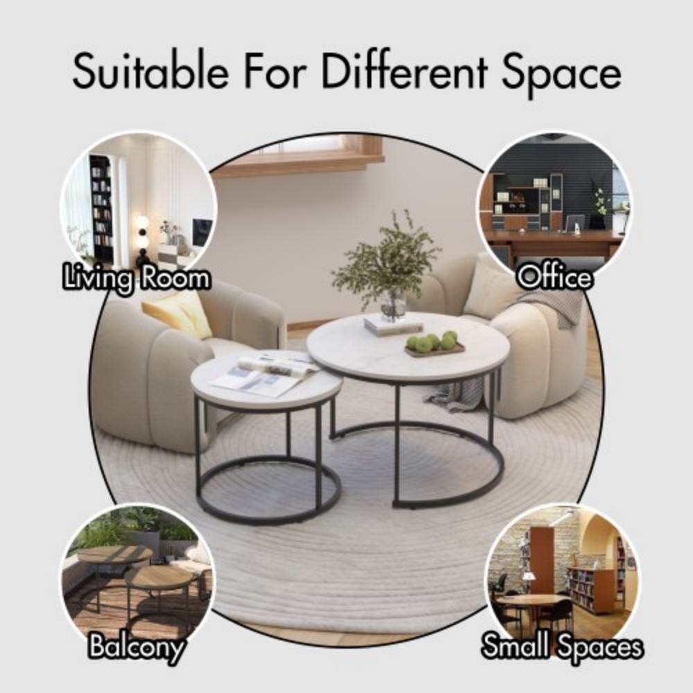 27.6" Nesting Coffee Table Set of 2, Round Wood Marble Pattern Top with Sturdy Metal Frame, Stackable End Tables for Living Room, Bedroom, Office, White & Black