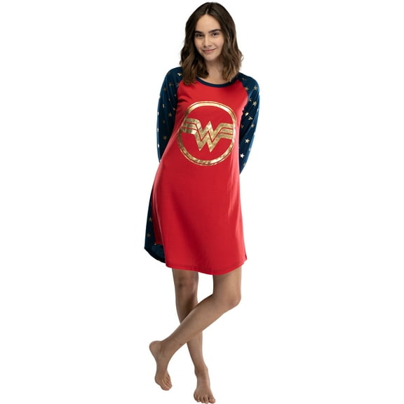 DC Comics Wonder Woman Gold Foil Circle Logo Women's Long Sleeve Raglan Nightgown Sleepwear Loungewear