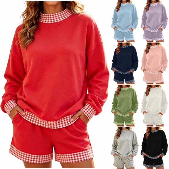 Women's 2 Piece Outfits Sweatshirt and Shorts Sets Long Sleeve Crew Neck Lounge Matching Sets with Pockets Plaid Trim Casual Pajama Set White