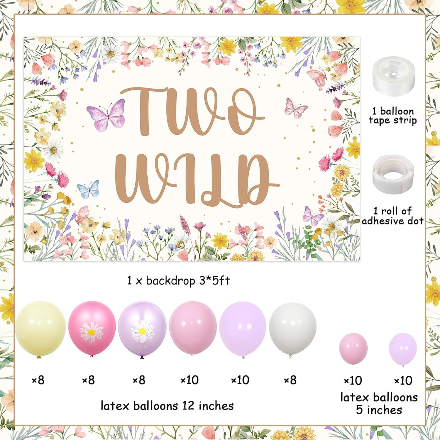 JOYMEMO Wildflower 2nd Birthday Balloon Arch Kit, Flowers Two Wild Second Birthday Backdrop 2 Year Old Girl Bday Decor, Butterfly Floral Two Years Old Birthday Decorations Garden Supplies