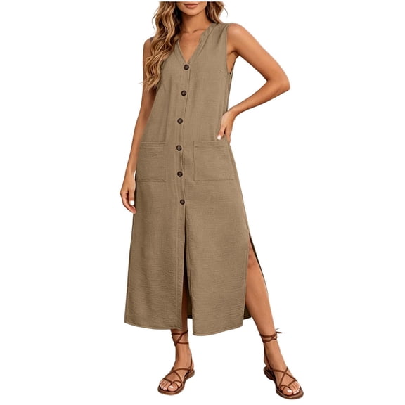 Hduncf Linen Dress Womens V Neck Button Down Sleeveless Shirt Dress Fashion Summer Casual Side Slit Maxi Tank Dresses with Pockets Yellow M