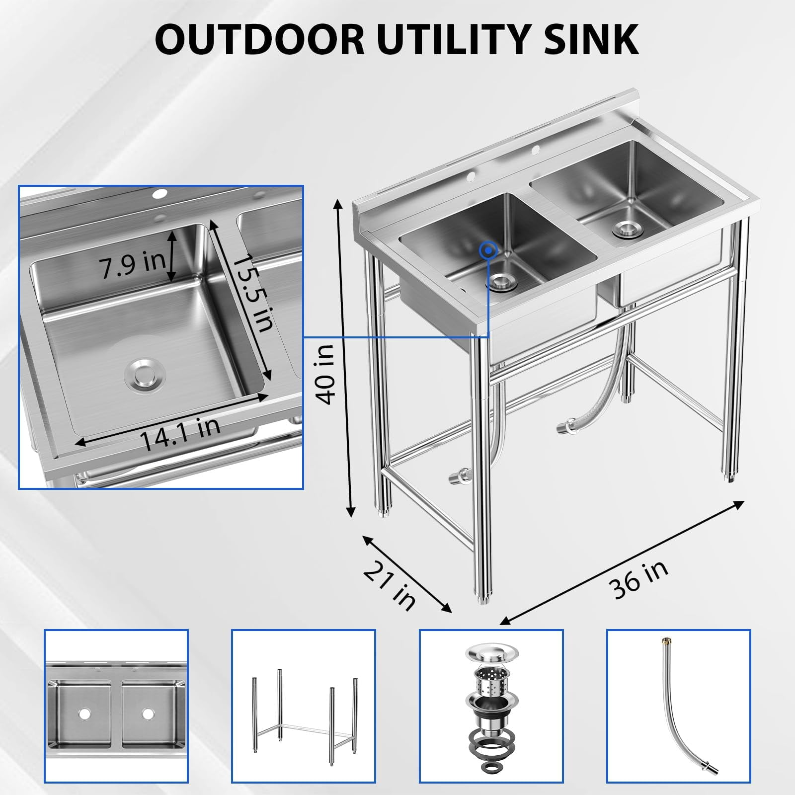 Yeshouse Stainless Steel Utility Sink, Commercial Restaurant Freestanding Double Bowl Laundry Sink, NSF Certificated, Outdoor Camping Stainless Steel Sink Set for Garage, Restaurant, Backyard (36in)