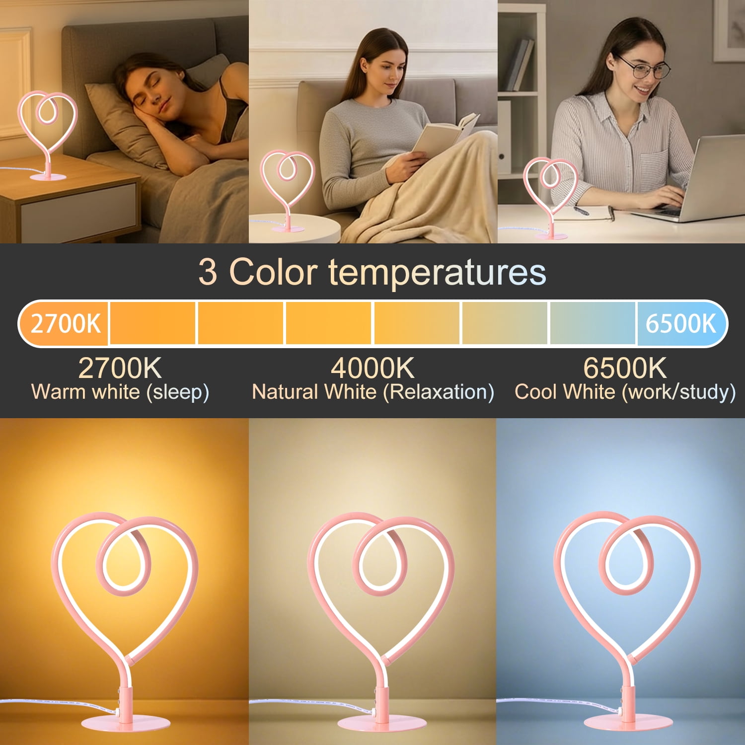 Sunnyin LED Lights Pink Table Lamp Heart Shape 3CCT USB Adapter Night Light