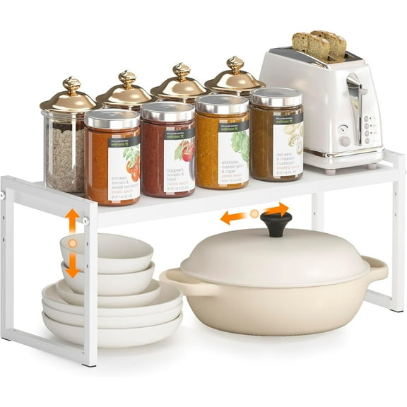 Expandable Kitchen Countertop Organizer, Stackable Cabinet Shelf Organizers, Space Saving Spice Rack Pantry Storage for Bathroom Office Organization (White, 1-Tier)