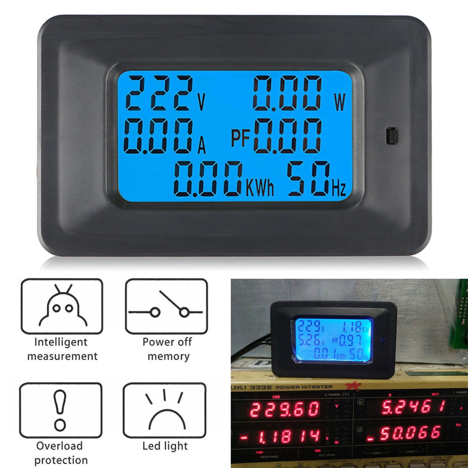 LCD Digital 20/100A AC Panel Power Watt Meter Monitor KWh Voltmeter Ammeter 