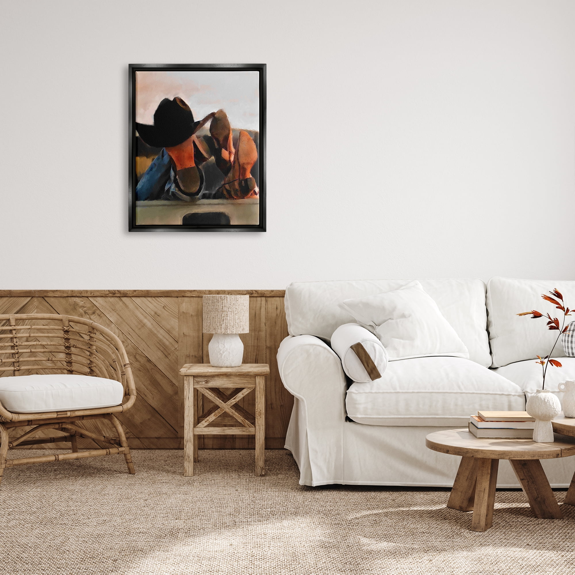 Stupell Industries Couple Resting Cowboy Boots Abstract Painting Black Floater Framed Canvas Art Print Wall Art, 25 x 31