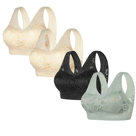 REORIAFEE Womens Underwear and Bras 4 Pack Gathered Together No Wire Bras Floral Prints Brassiere Comfy Wide Strap Breathable Corset Underwear Comfortable Classic Support Lingerie Green XL