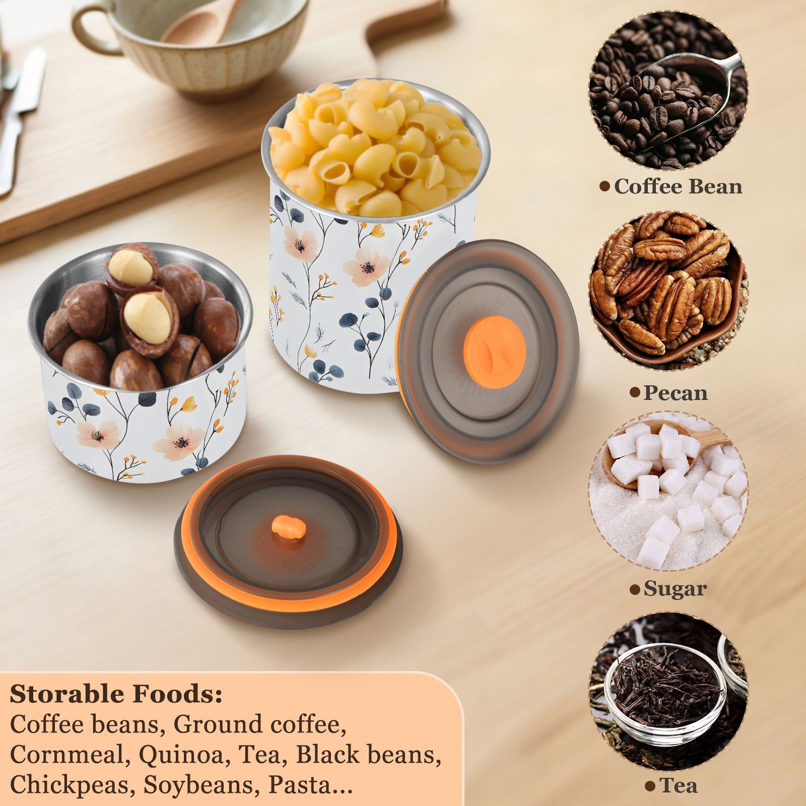 Wild Flowers Floral Boho Airtight Coffee Bean Canister 30oz Food Storage Containers with Lids For Gournd, Tea, Sugar, Flour, Rice, Cereal, Candy Cookie Jar