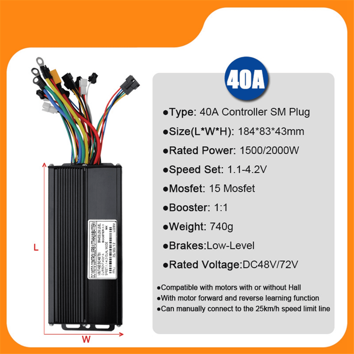 48V 72V E-Bike 40A 1000W-2000W Three Mode Sine Wave Controller for Electric Bicycle Ebike E-Scooter