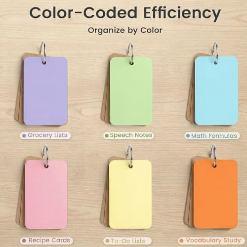 Quivanta 300PCS Flash Cards with Key Ring, Colored Index Cards for School, 2.2 x 3.5 Inch, Small Portable Notecard for Studying Nursing Classroom Office Home Note Taking To Do List Essentials, 6